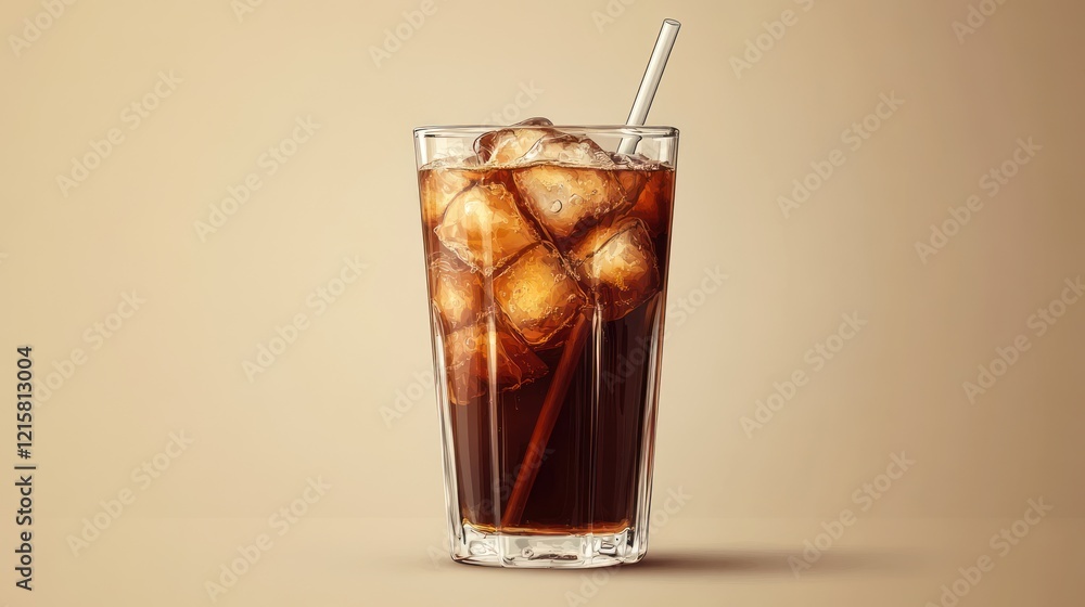 Iced cola drink in a tall glass with ice cubes and straw. Iced cola drink in a tall glass with ice cubes and straw.