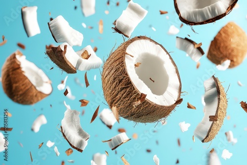 Exploding Coconut Pieces Falling Against Blue Background
