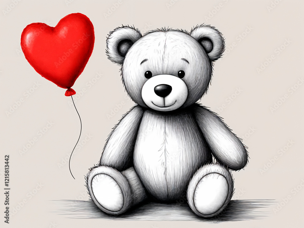 Obraz premium A patched teddy bear with a red heart balloon, charcoal drawing - generated by ai