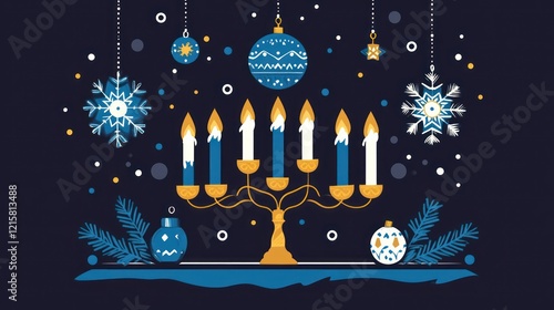 Festive menorah with ornaments and snowflakes.