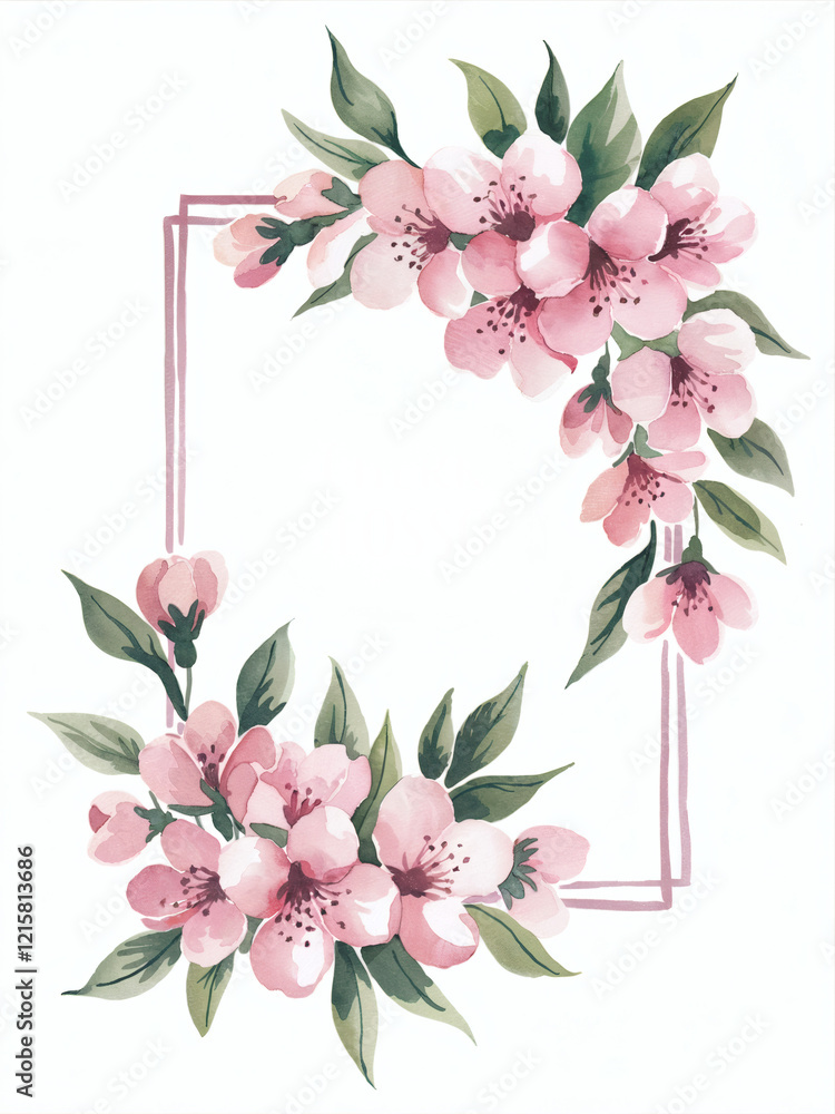 Naklejka premium A watercolor flower illustration frame, cherry blossom arrangement in soft pastel pink tones, accented with light green leaves, set against a white background