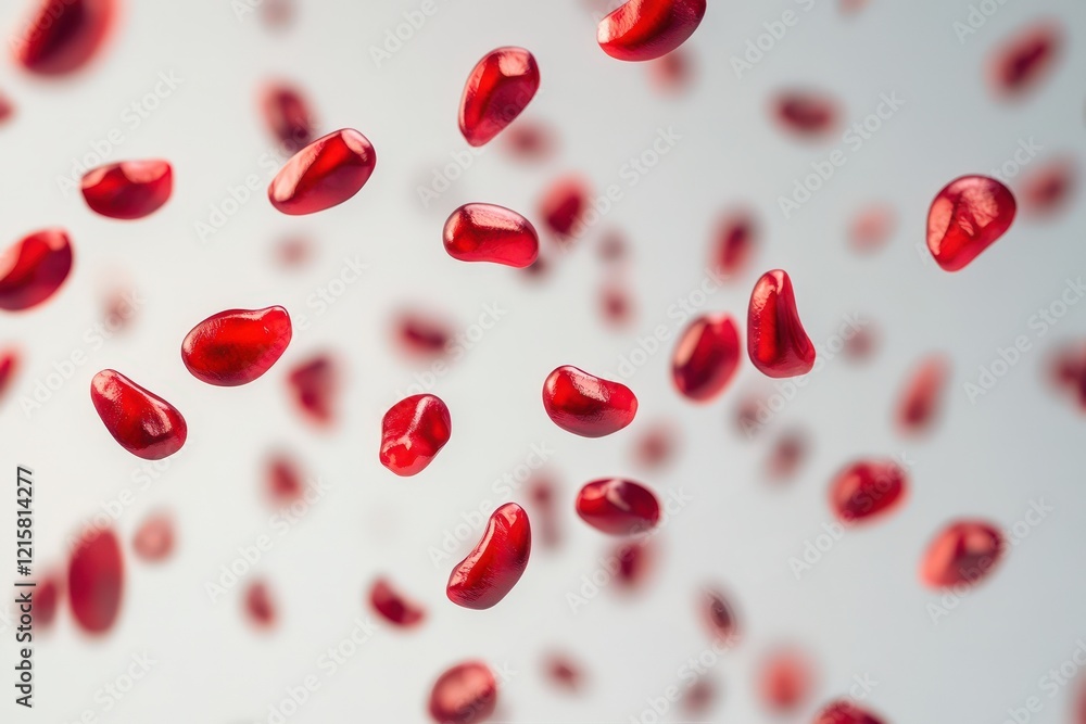 Red pomegranate seeds falling against a white background Red pomegranate seeds falling against a white background