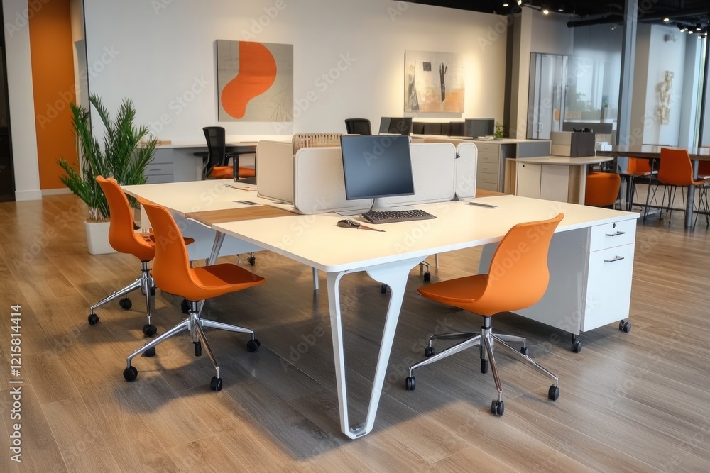 Modern Office Workspace Design: Sleek White Desks and Vibrant Orange Chairs Modern Office Workspace Design: Sleek White Desks and Vibrant Orange Chairs
