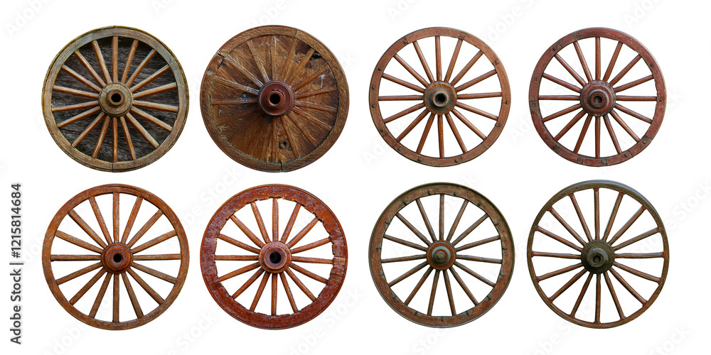 Fototapeta premium Vintage Wooden Wheels on Transparent Background, PNG collection, set bundle, isolate on transparent or white background