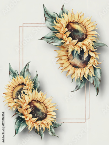 A watercolor flower illustration frame, sunflower composition with vibrant yellow petals, green leaves, and soft brown accents on a white background