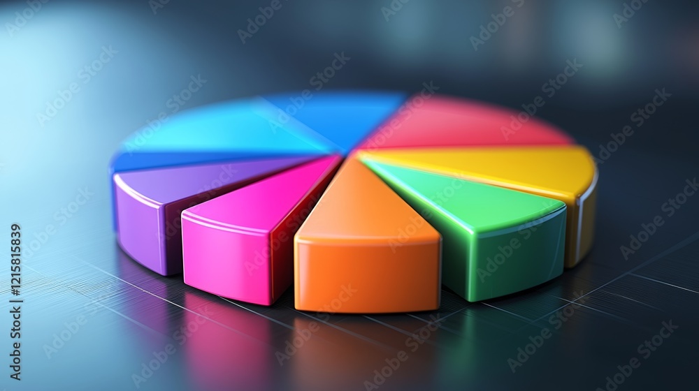 Obraz premium Colorful pie chart with vibrant segments on a sleek surface displaying geometric shapes and textures