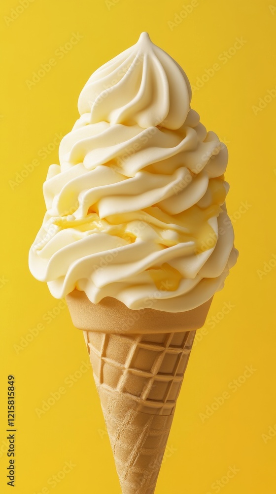 creamy soft-serve vanilla ice cream with cone on a yellow and beige background creamy soft-serve vanilla ice cream with cone on a yellow and beige background