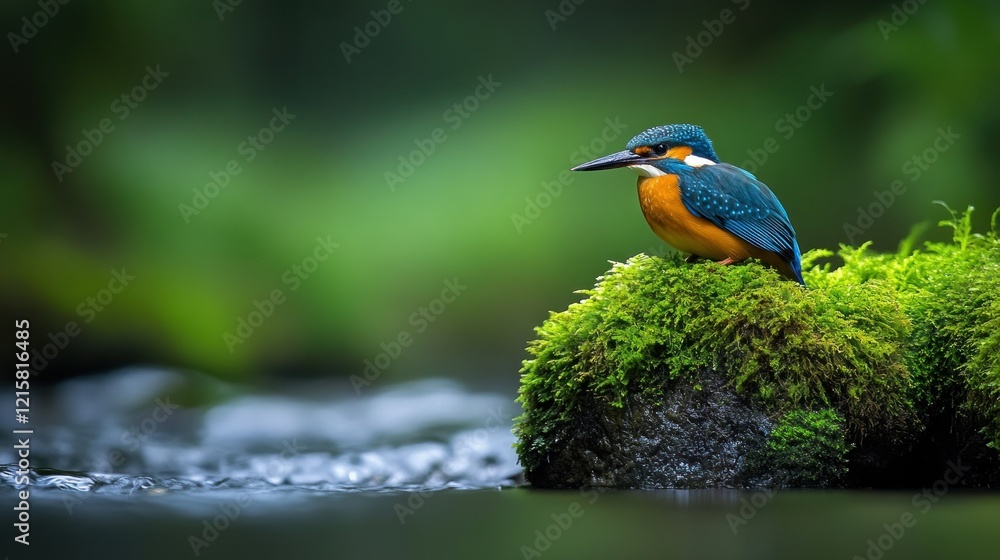 Fototapeta premium Kingfisher Perched Mossy Rock, Stream, Forest