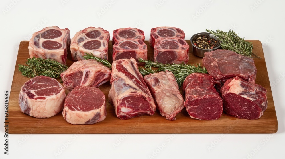 Fresh Cuts of Premium Beef on Wooden Cutting Board with Green Herbs and Spices, Perfect for Culinary Creations and Gourmet Dishes Fresh Cuts of Premium Beef on Wooden Cutting Board with Green Herbs and Spices, Perfect for Culinary Creations and Gourmet Dishes