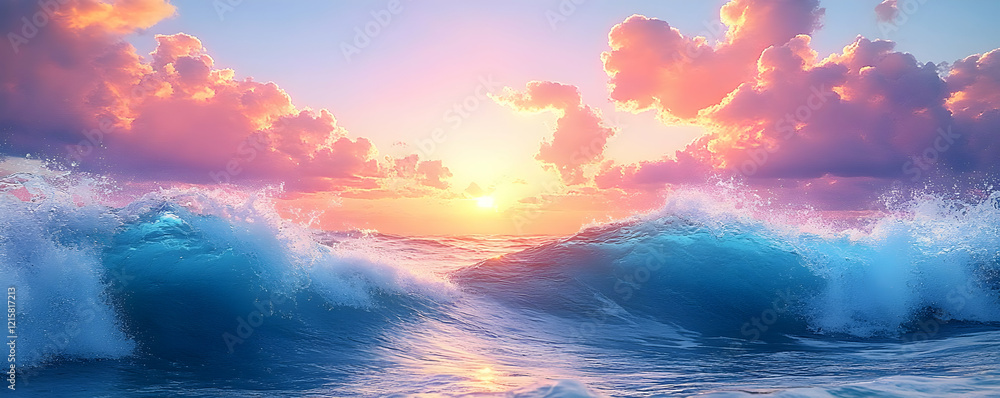 Fototapeta premium Ocean Sunset Wave Illustration