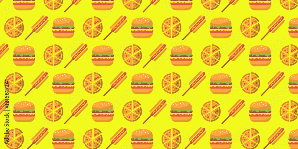 collection of food seamless pattern background with icons of hamburger, pizza, hot dog on brown white and yellow background. collection of food seamless pattern background with icons of hamburger, pizza, hot dog on brown white and yellow background.