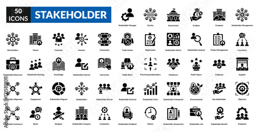 Stakeholder glyph icon collection set. Includes collaboration, partnership, influence, engagement, responsibility, expectation, feedback, impact, alignment, network, negotiation, leadership, community