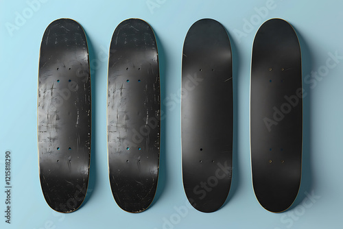 skateboard design, black skateboard with yellow accents on top and bottom, against a blue pastel backdrop, showcased in a mock-up photo