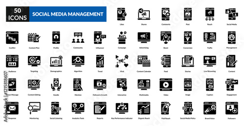 Social media management glyph icon collection set. Includes content, engagement, analytics, posting, likes, followers, scheduling, hashtag, comments, strategy, dashboard, branding, reach, insights