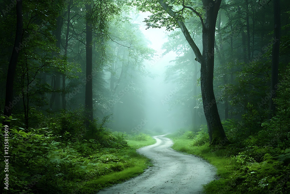 Obraz premium Winding path through lush forest nature background floral environment serene viewpoint