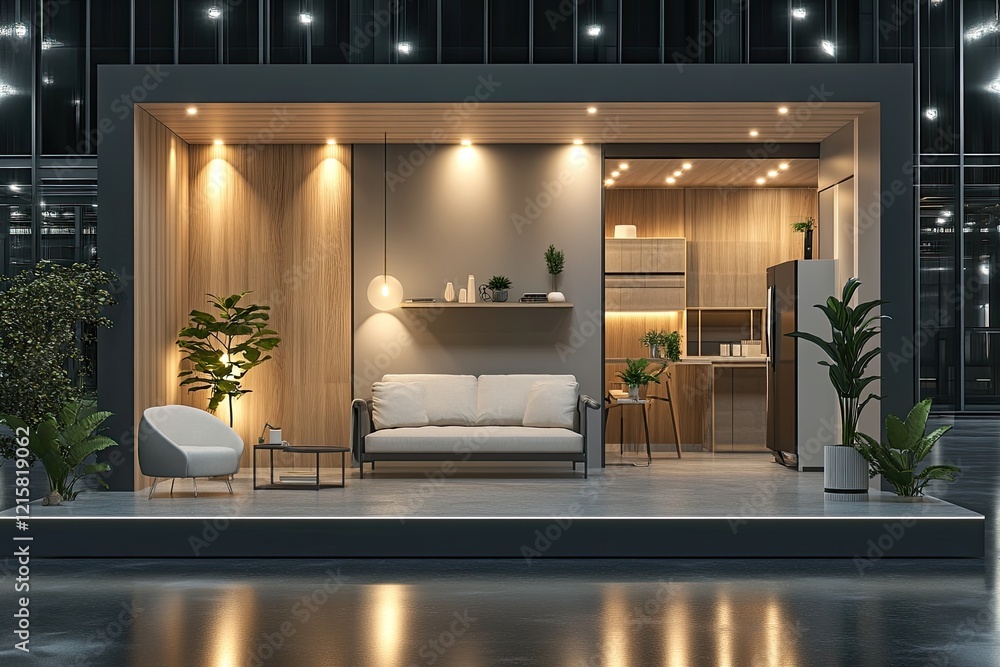 custom made wallpaper toronto digitalModern tiny house exhibition display at night, showcasing compact living space design and furniture
