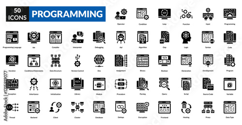 Programming glyph icon collection set. Includes code, algorithm, software, development, logic, script, compiler, debug, syntax, function, variable, loop, database, framework, api