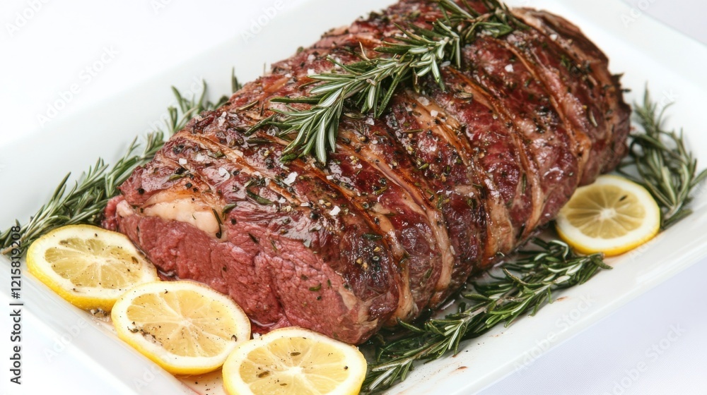 Juicy Slow-Roasted Beef with Fresh Herbs and Lemon Slices on a White Platter, Perfectly Cooked for a Delicious Gourmet Meal Experience Juicy Slow-Roasted Beef with Fresh Herbs and Lemon Slices on a White Platter, Perfectly Cooked for a Delicious Gourmet Meal Experience