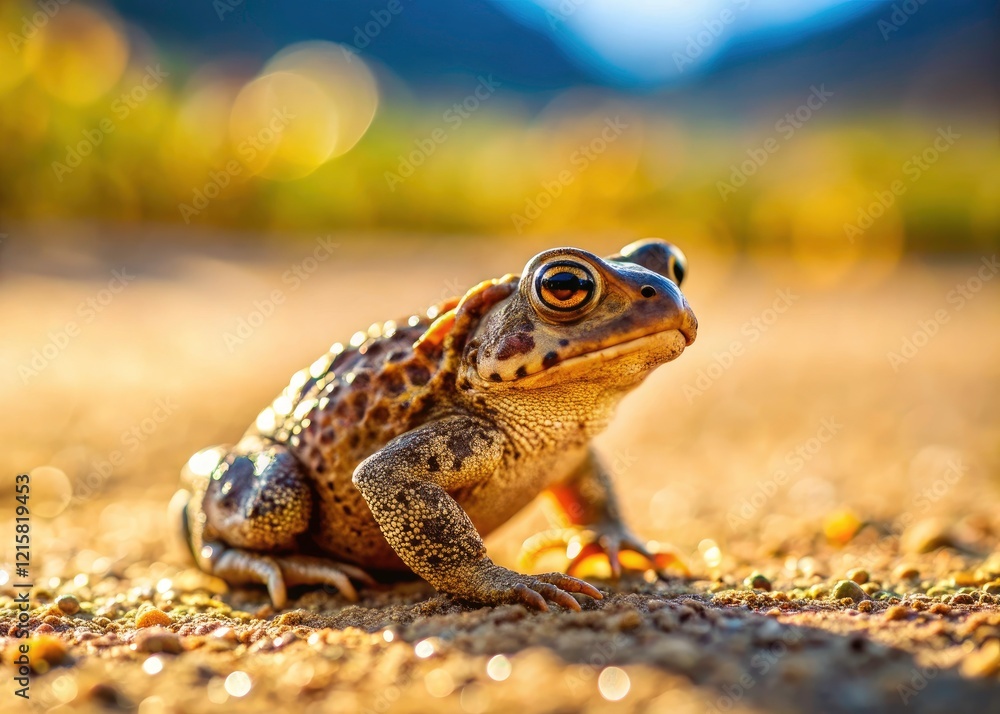 Obraz premium Small Toad on Sandy Road - Amphibian Wildlife Photography, Desert Toad, Toad on Sand, Nature Closeup
