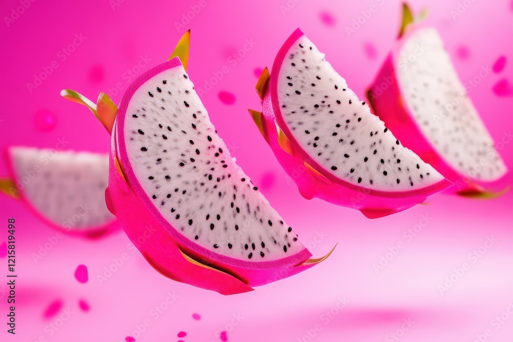 Pink Dragon Fruit Slices Floating Against Pink Background Pink Dragon Fruit Slices Floating Against Pink Background
