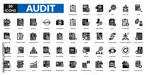 Audit glyph icon collection set. Includes review, inspection, compliance, checklist, assessment, verification, examination, scrutiny, oversight, evaluation, certification, analysis, monitoring