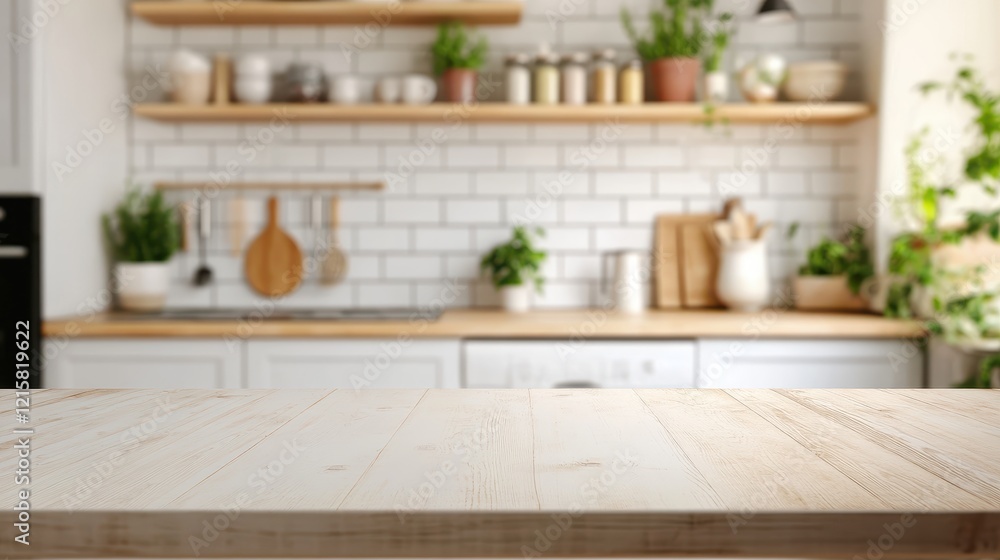 Fototapeta premium Light wooden table against a blurred rustic kitchen backdrop. Perfect for showcasing food, products, or recipes.