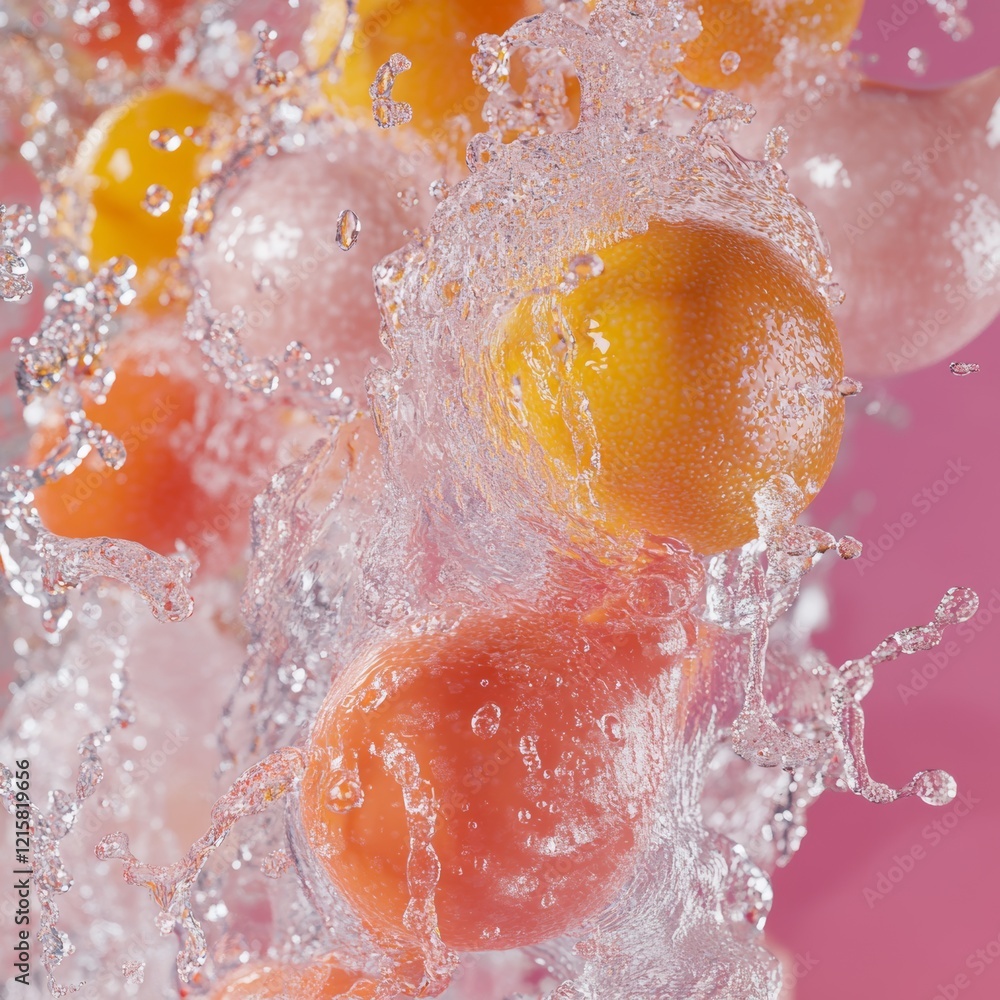 Fototapeta premium Fresh citrus fruits splash into water, creating a vibrant and refreshing display in a dynamic composition