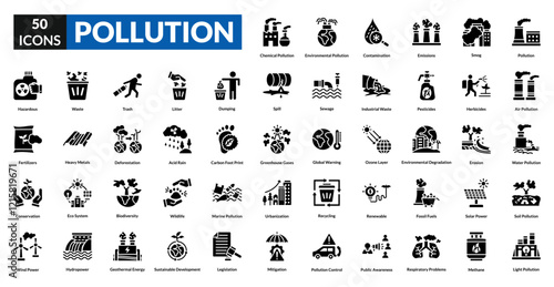 Pollution glyph icon collection set. Includes smog, waste, carbon, environment, trash, fumes, industrial, contamination, emissions, toxins, landfill, air, global, deforestation, hazard