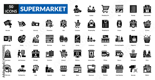 Supermarket glyph icon collection set.  Includes grocery, shopping cart, food, store, basket, cashier, checkout, produce, market, aisle, sale, discount, items, packaging, payment