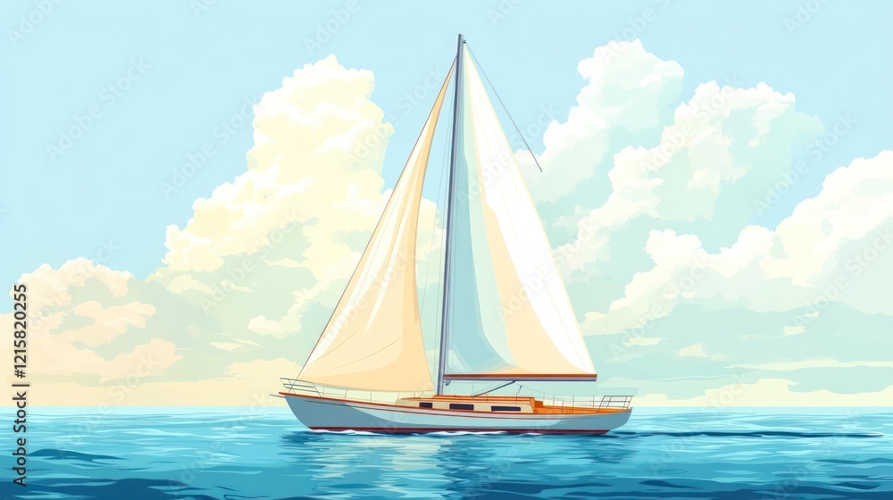 Fototapeta premium Sailboat sailing on calm ocean under cloudy sky.