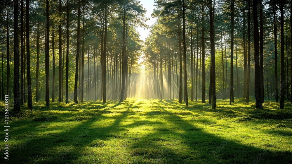 Fototapeta premium Sunlight breaking through tall trees in a forest with green grass illuminating the scene