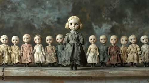 Eerie antique dolls stand solemnly arranged muted light creates unsettling mood. AI Generated photo