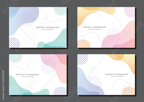 パステルカラーのグラデーションとストライプで作られた、シンプルで抽象的な形の背景素材の4枚組セット。Aサイズのベクターイラストレーション