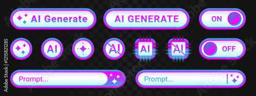Futuristic cyberpunk color icon buttons with artificial intelligence symbol for user interface. AI UI button set