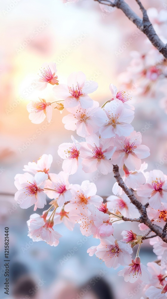 Obraz premium A serene close-up of cherry blossom flowers against a soft, pastel background, capturing the beauty of springtime.