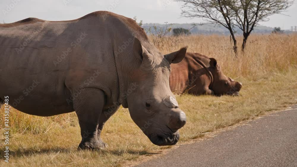 side view of white rhinos resting by the road looking curious, Rietvlei Nature Reserve, South Africa side view of white rhinos resting by the road looking curious, Rietvlei Nature Reserve, South Africa