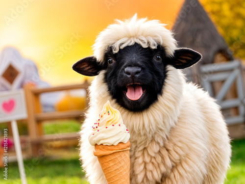 an adorable acrylic art of a happy, funny, hyper-realistic Valais Blacknose Sheep eating ice cream - generated by ai photo