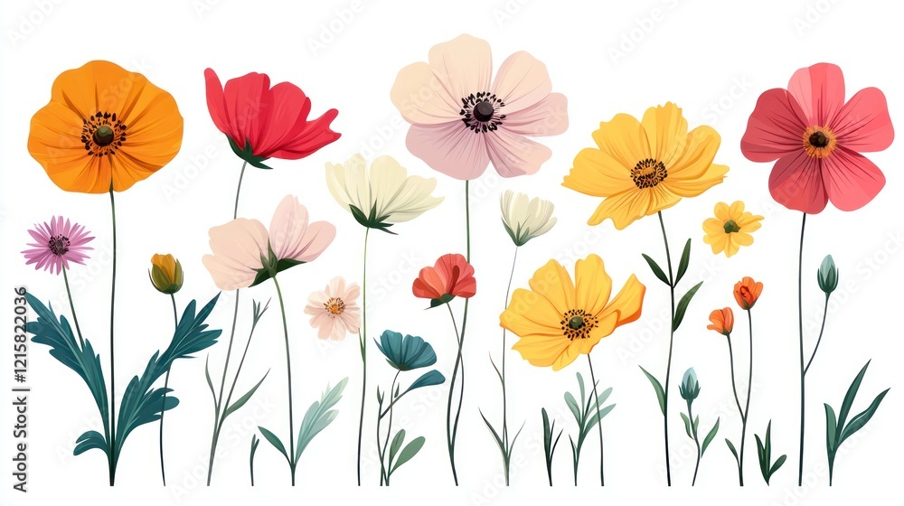 Fototapeta premium Colorful wildflowers collection on white background.
