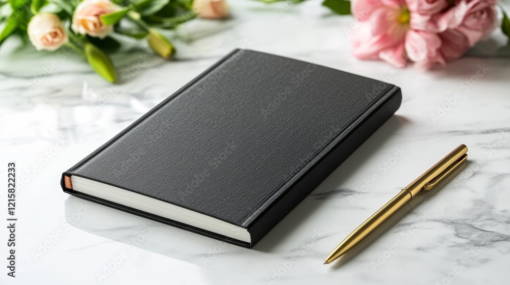 Elegant black notebook with a gold pen on a marble table, surrounded by fresh flower in soft light Elegant black notebook with a gold pen on a marble table, surrounded by fresh flower in soft light