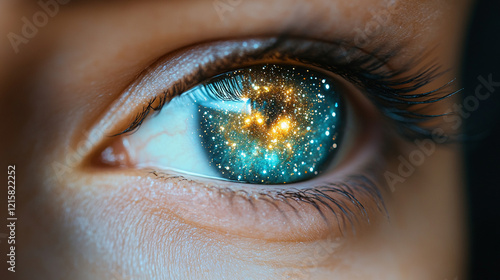 A captivating hyperrealistic eye formed by a nebula with swirling stars and distant galaxies within the iris, set against a dark cosmic background with a minimalistic bright tone and blurred space

 photo