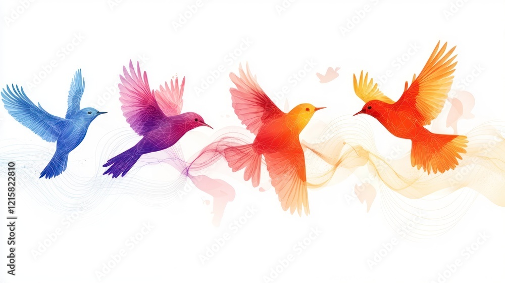 Obraz premium Colorful birds in flight, watercolor style, abstract background.