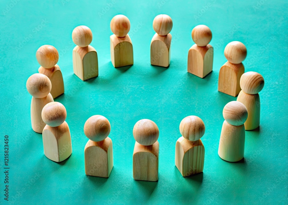 Obraz premium Turquoise Unity: Wooden Figures Communicating, Dialogue, Speech Bubbles, Conceptual Photography