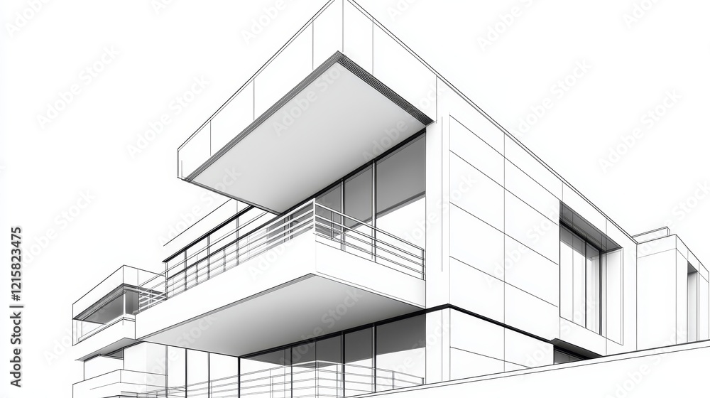 Modern architectural design featuring a sleek, minimalist building with expansive balconies and glass walls Modern architectural design featuring a sleek, minimalist building with expansive balconies and glass walls