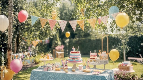 Children's birthday party in garden, cake, balloons, sunny day, festive background, ideal for invitations