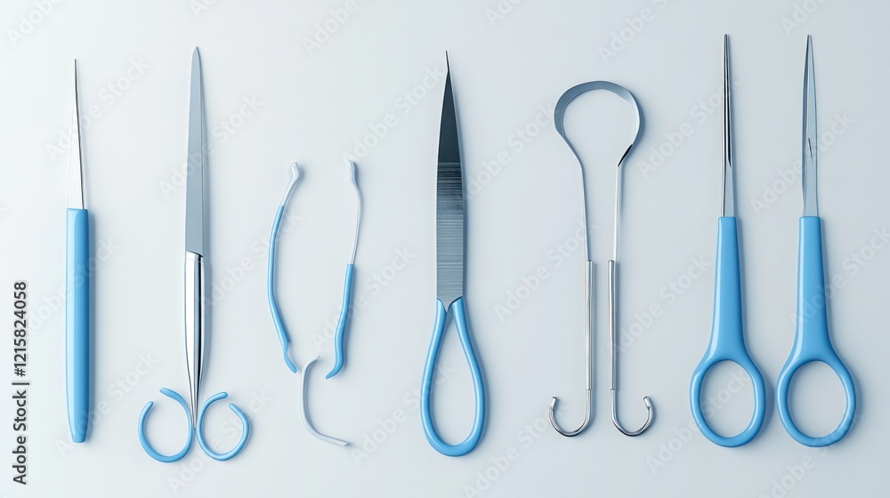 Flat lay of various medical and surgical instruments with blue handles. Flat lay of various medical and surgical instruments with blue handles.