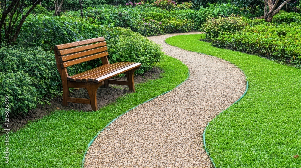 Fototapeta premium Serene Garden Path with Wooden Bench