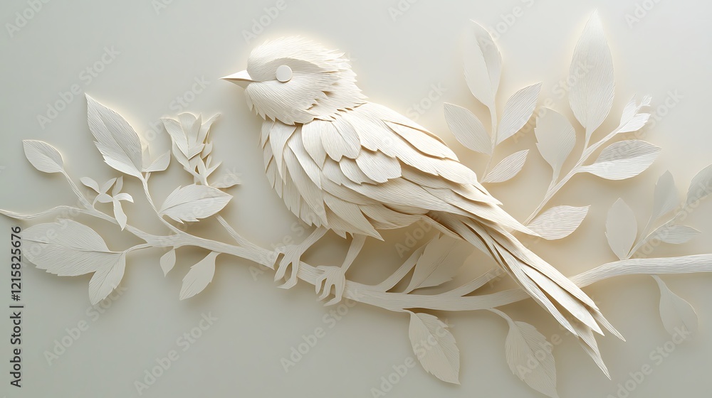 Obraz premium A paper art depiction of a bird perched on a branch, with each feather and leaf intricately cut and layered to create a harmonious, peaceful scene