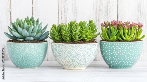 Three succulents in teal pots on white wood. Home decor, gardening