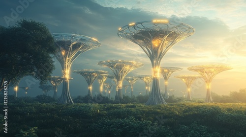 Artistic depiction of renewable energy sources represented as glowing tree-like structures in a serene meadow. photo