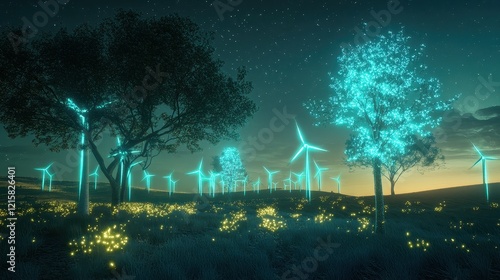 Artistic depiction of renewable energy sources represented as glowing tree-like structures in a serene meadow. photo